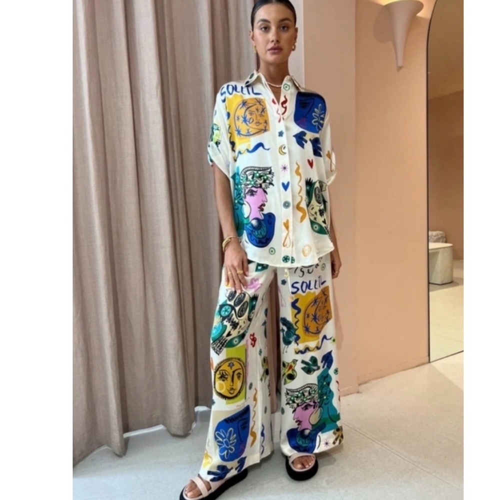 Commense 2 Piece Matching Set Medium Cream Multi NWT Graphic Print Palazzo Pants - Picture 1 of 7